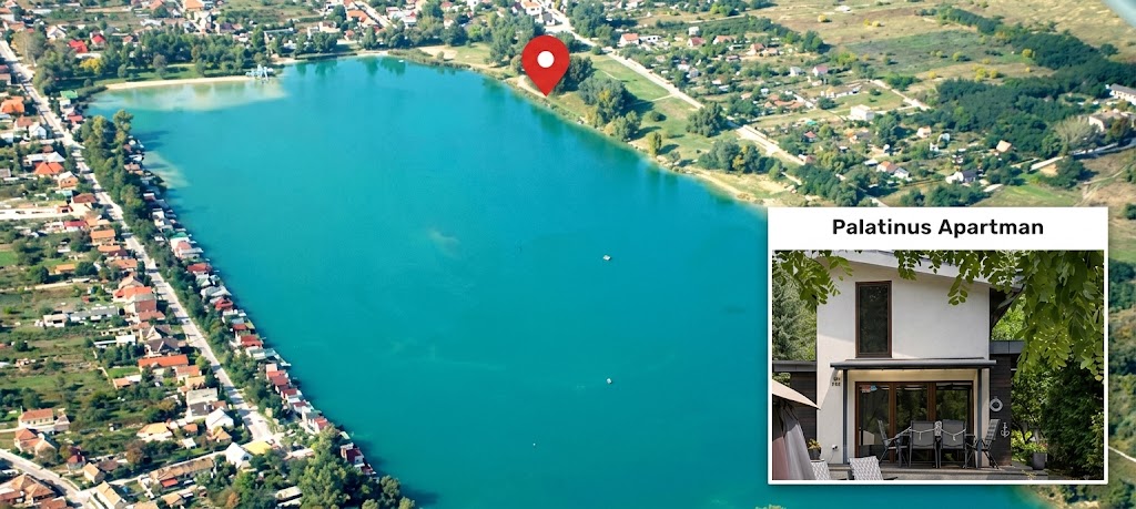 Palatinus Apartman — légifotó a Palatinus-tóról, a ház helye jelölve